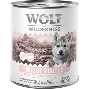 Wolf of Wilderness 6x800г Muddy Routes Junior Wolf of Wilderness, консервирана храна за кучета - птиче месо със свинско, без зърно