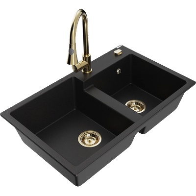 Mexen Tomas гранитна мивка с 2 отделения и кухненски смесител Elia, черен - 6516-77-670101-50 (6516-77-670101-50)