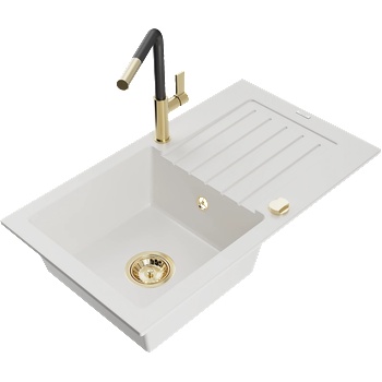 Mexen Pablo еднокамерна гранитна мивка с отцедник и кухненски смесител Flora, бял - 6510-20-670401-57-G (6510-20-670401-57-G)