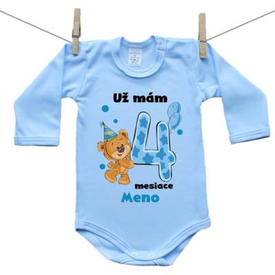 Boodyy Modré body s dlhým rukávom Už mám 4 mesiace s Medvedíkom a menom dieťatka Chlapec
