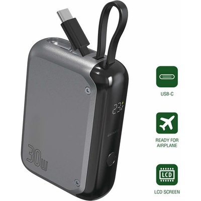 4smarts Power Bank Pocket 10000 mAh 30W - външна батерия с вграден USB-C кабел и USB-C изход с технология за бързо зареждане (сив)