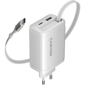 CANYON OnCharge 65RC 65W GaN зарядно с вграден прибиращ се USB-C кабел (USB-C 65W + USB-C 60W + USB-A 30W, EU, бяло) (CNS-CURC65ACW)