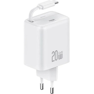 USAMS YC мрежово зарядно устройство с Type-C конектор, 20 W, Type-C кабел с намотка, БЯЛ (CC233TC02)