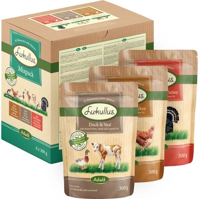 Lukullus Adult Naturkost divoký králik a morčacie kačacie a teľacie losos a kuracie 6 x 300 g
