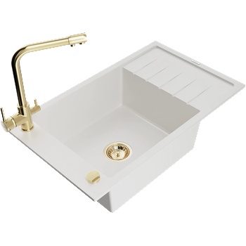 Mexen Elias кухненска мивка от гранит, еднокамерна с отцедник и кухненски смесител Duero, бял - 6511-20-671600-50 (6511-20-671600-50)