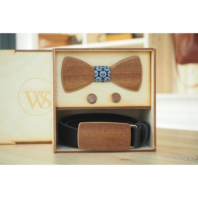 Wood Style Set Kulatý Třešeň opasek motýlek a manžetové knoflíčky WS Modrotisk