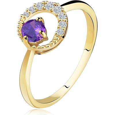 Šperky eshop zlatý prsten 585 tenký zirkonový půlměsíc ametyst ve fialovém odstínu GG91