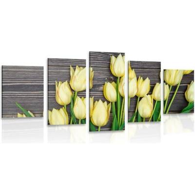 5-dílný obraz okouzlující žluté tulipány na dřevěném podkladu - 150x75