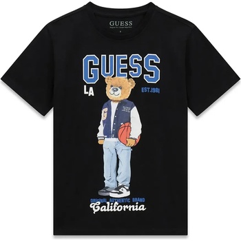GUESS Черна тениска за момче с цветно мече и син надпис Guess