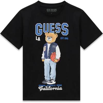 GUESS Черна тениска за момче с цветно мече и син надпис Guess
