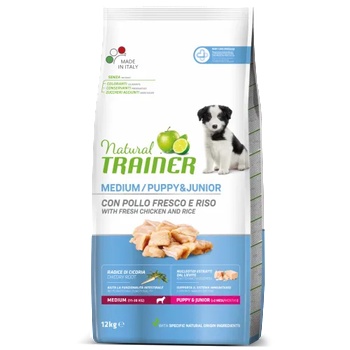 Natural Trainer Dog Puppy & Junior Medium with Chicken - храна за подрастващи кучета, под 1 година, от средни породи, с пилешко месо - 12 кг, Италия - 926015