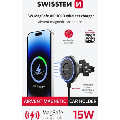 Držák SWISSTEN magnetický do ventilační mřížky - s bezdrátovým nabíjením 15W / 7,5W