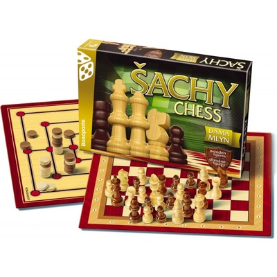 Bonaparte Společenské hry Šachy, dáma, mlýn, dřevěné figurky a kameny, 35 x 23 x 4 cm