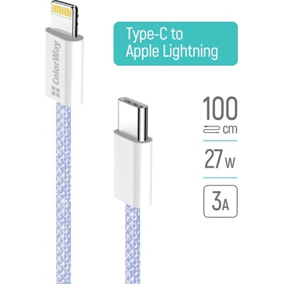 ColorWay CW-CBPDCL061-PU Type-C - Apple Lightning (braided cotton) PD 27W 1m fialový