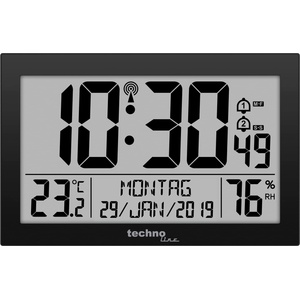 Technoline WS 8016 digital radio wall clock with DCF radio clock | Temperature & Humidity | 2 alarms | Calendar | large LCD display | Wall or table clock | black - WS8016SCHWARZ (WS8016SCHWARZ)