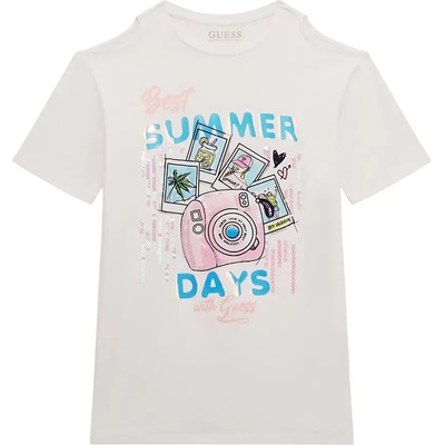 GUESS Бяла тениска с къс ръкав с цветна щампа и пайети за момиче Guess