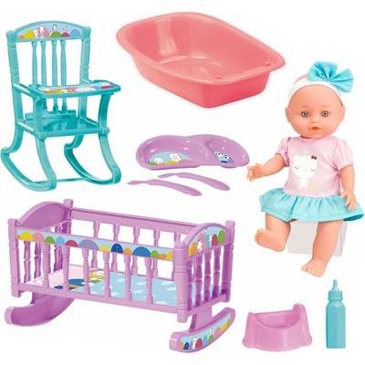 LOKO Toys Пишкаща кукла Loko Toys - Le Petit Bebe, с легло, стол за хранене и корито, 30 cm (1010341)