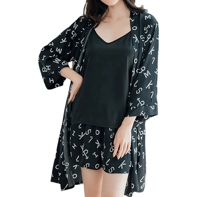 Сатенен комплект пижама и халат в черно с букви