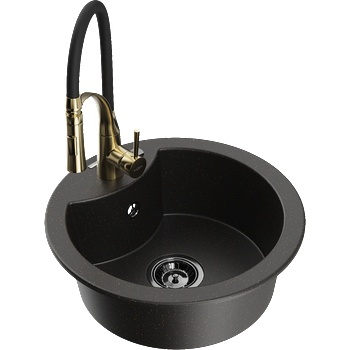 Mexen Diego гранитна кухненска мивка с 1 отделение с кухненски смесител Aster, черен/златист металик - 6512-75-73450-57-B (6512-75-73450-57-B)