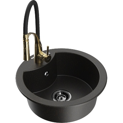 Mexen Diego гранитна кухненска мивка с 1 отделение с кухненски смесител Aster, черен/златист металик - 6512-75-73450-57-B (6512-75-73450-57-B)