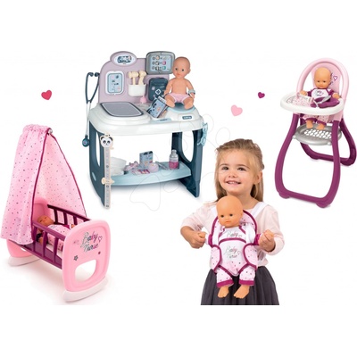 Smoby Set zdravotnický pult pro lékaře Baby Care Center s kolébkou a jídelní židle s nosítkem