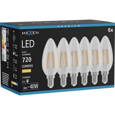 Mexen Vintis 6x LED филаментна крушка E14, C35, 6W, Топла - 2700K, 720 lm, прозрачна (L154-E14-0627-00x06)