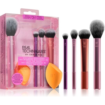 Real Techniques Everyday Essentials štětec na pudr 1 ks + houbička na make-up 1 ks + kulatý štětec na oční stíny 1 ks + štětec na rozjasňovač 1 ks + štětec na make-up 1 ks