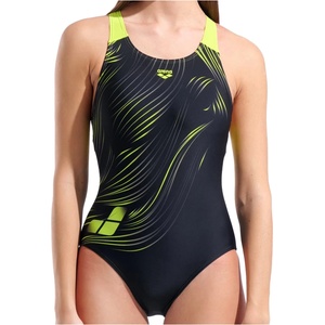 arena Дамски бански костюм Arena Women's Foliage Swimsuit V Back Lb Swimsuit - Black Multi / Black / Artic Lime - размер 36 (EU) (150-6705-0112)