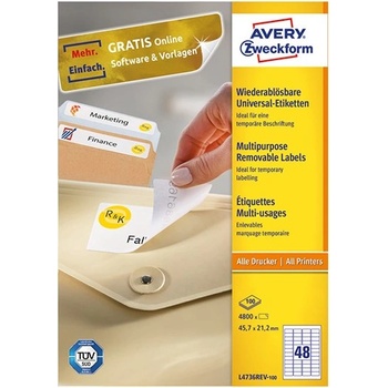AVERY Етикет AVERY L4736REV-100 45, 7x21, 2 mm универсален прибиращ се 4800 етикета в кутия 100 листа в кутия (L4736REV-100)