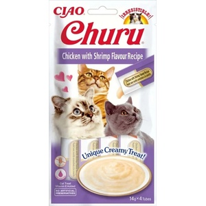 Inaba Foods Churu Puree - Лакомство за котки нежен крем с пиле и скариди 4 бр в опаковка х 14гр
