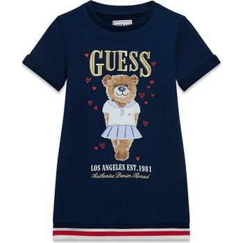 Guess Памучна спортна рокля за мини момиче в тъмно синьо с цветно мече и златист бродиран надпис Guess