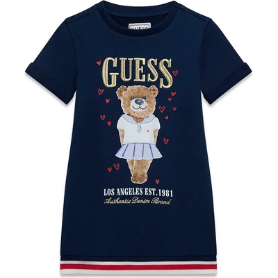Guess Памучна спортна рокля за мини момиче в тъмно синьо с цветно мече и златист бродиран надпис Guess
