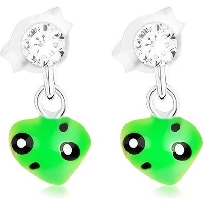 Šperky eshop puzetové náušnice s asymetrickým zeleným srdíčkem stříbro PC11.36