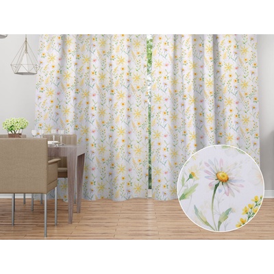 Biante Dekoračný záves TF-135 Maľované žlto-zelené lúčne kvietky na bielom 140x150 cm