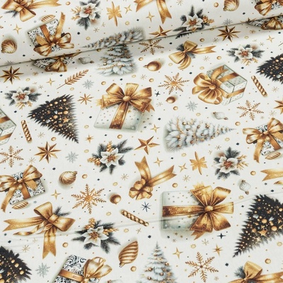 Směsové plátno vánoční 513032 5861 DIGITÁLNÍ TISK, vánoční stromeček a zlaté mašle na bílé, š.140cm (látka v metráži)