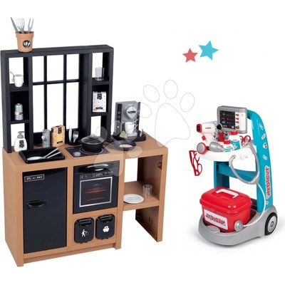 Smoby Set kuchynka moderná Loft Industrial a lekársky vozík elektronický so zvukom a svetlom