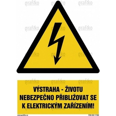 Grafiko | Pozor - elektrické zařízení - Text obrázku Výstraha - životu nebezpečno přibližovat se k elektrickým zařízením!, Materiál Hliník, Rozměr 297x210mm