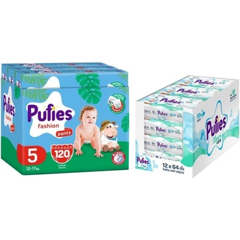 pufies Пелени гащи Pufies Fashion - Размер 5, 12-17 kg, 120 броя + мокри кърпи Pufies Clean Care - 12 x 64 броя (3800024036125+13800024027540)