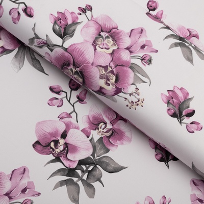 Bavlněná látka/plátno Sandra SA-623 Lila orchideje na bílém - šířka 160 cm