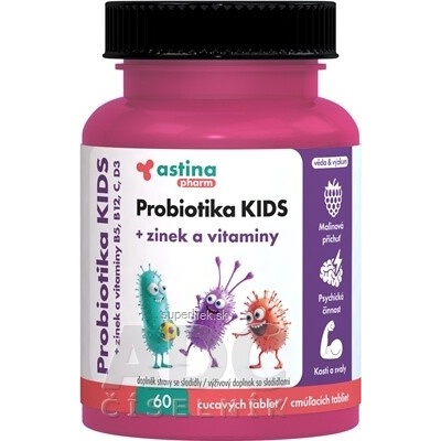 Astina Pharm Probiotika KIDS + zinok a vitamíny cmúľacie tablety, príchuť malina 60 ks