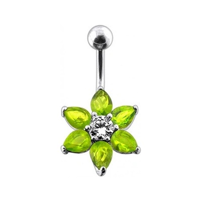 Šperky4U stříbrný piercing do pupíku kytička světle zelené zirkony BP01030-G