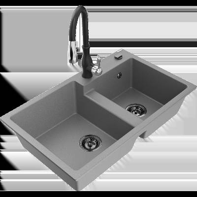 Tomas гранитна кухня мивка с 2 камери и кухненски кран Savita, сив - 6516-71-672601-70-B (6516-71-672601-70-B)