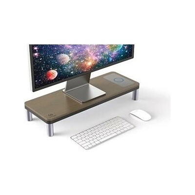 Podstavec pod monitor, dockovací stanice a bezdrátová nabíječka, prostor pro klávesnici, šedý + tmavý dřevodekor, ocel-plast, 20 k