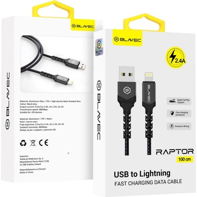 Blavec CRA-UL24BG10 Raptor Braided - USB na Lightning - 2,4A, 1m, černo-šedý
