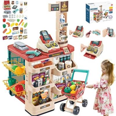 WOOPIE Obchod Supermarket s Nákupním Vozíkem Váha Pokladna Skener + 48 Příslušenství.