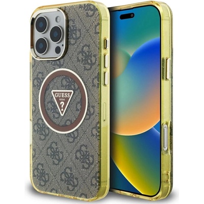 GUESS IML Metal Glitter 4G Circle Triangle MagSafe Case за iPhone 16 Pro Max - кафяв