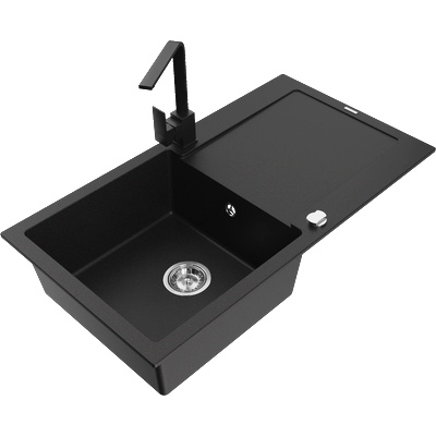 Mexen Leo гранитна кухненска мивка с 1 отделение, отцедник и кухненски смесител Rita, черен - 6501-77-670300-70 (6501-77-670300-70)