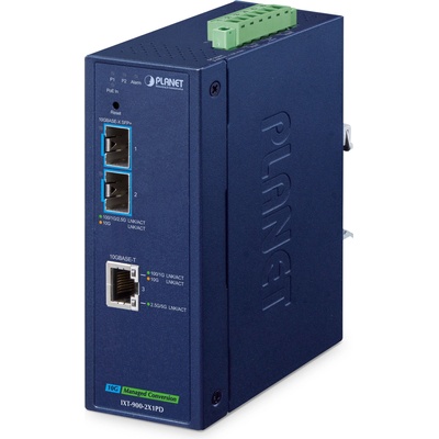 PLANET IXT-900-2X1PD IP40 Industrial 2-Port 10G/1GBASE-X SFP+ + 1-Port 10G/5G/2.5G/1G/100BASE-T PoE PD Managed Media Converter(-40 to 75 C, dual redundant power input on 9~48V DC/24V AC terminal block (IXT-900-2X1PD)