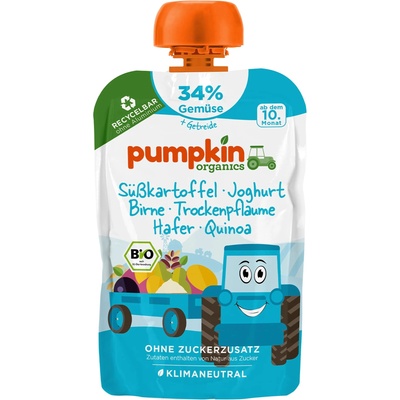 Pumpkin Organics Био пюре Pumpkin Organics - Пауч със сладък картоф, йогурт, сливи и овесени ядки, 100 g (210715)