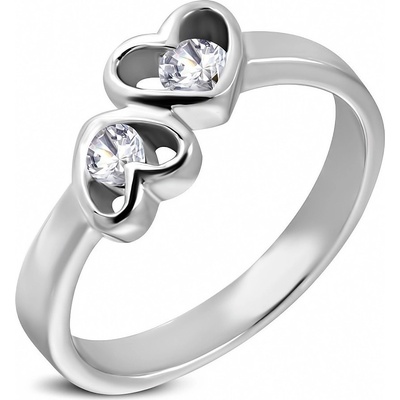 Šperky eshop ocelový prsten stříbrné dvě srdce s čirými zirkony D3.13